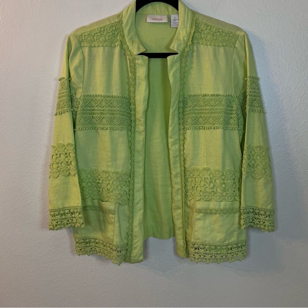 Chicos Women's Jacket Linen Size 1 (med 8) Lime Green Lace 3/4 Sleeve Boho Open